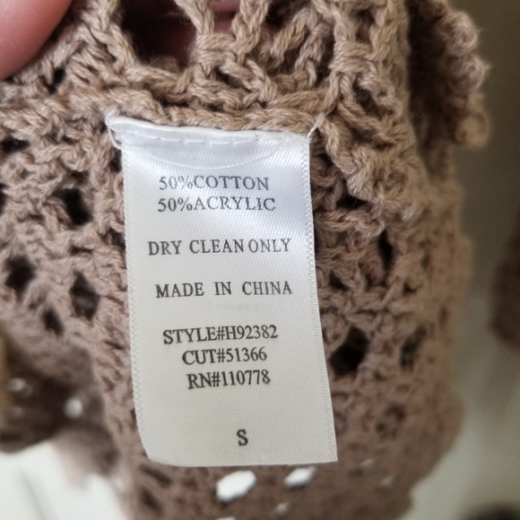 ANTHROPOLOGIE HAZEL beige crochet knit pull over 3/4 sleeve sweater top S - Picture 8 of 8